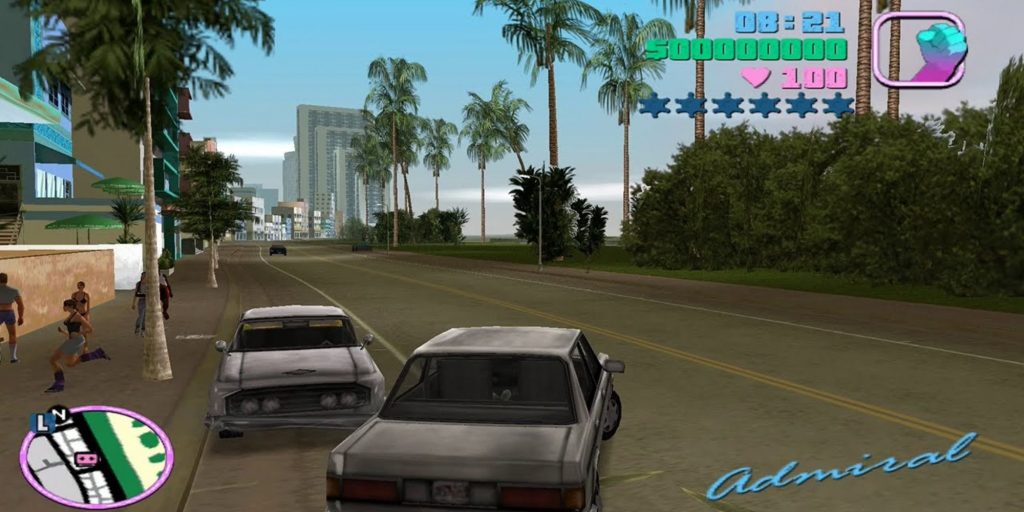 Tommy Vercetti driving a car through the streets of Vice City